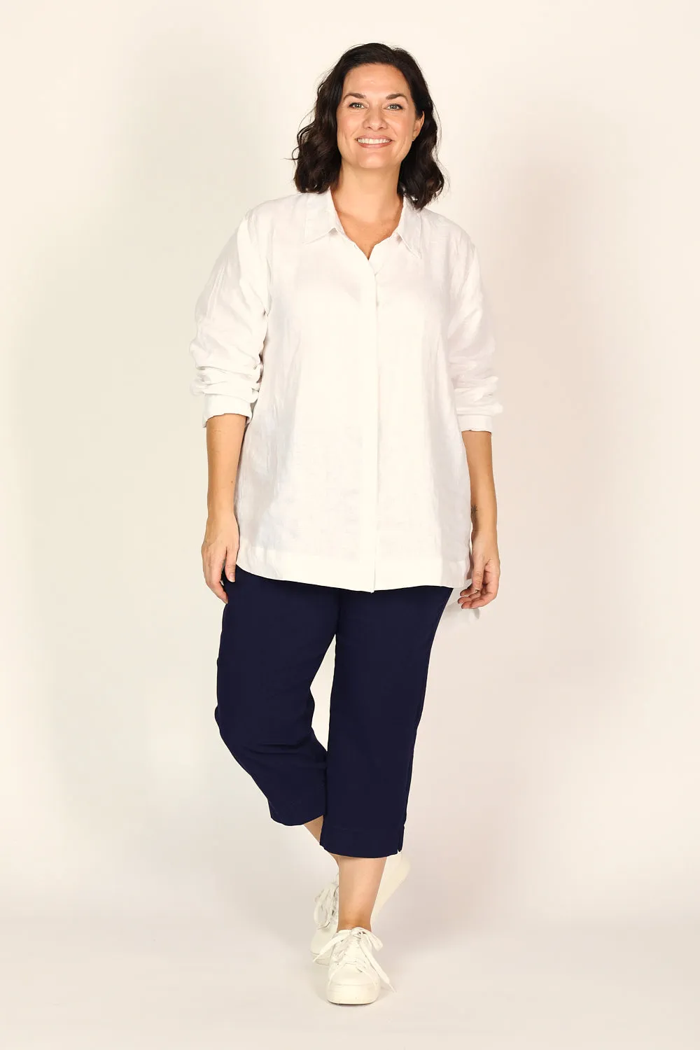 Petite Length Cropped Stretch Capri Pant in Navy sold by Adrift