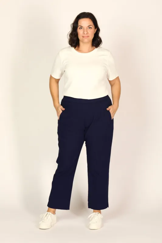 Regular Length Stretch Capri Pant in Navy sold by Adrift