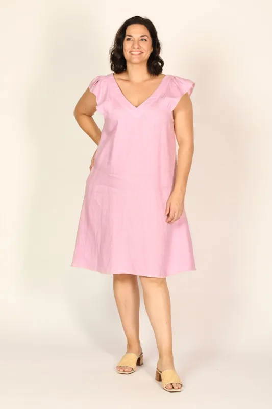 Rivka Frill Sleeve Linen Short Dress in Peony sold by Adrift
