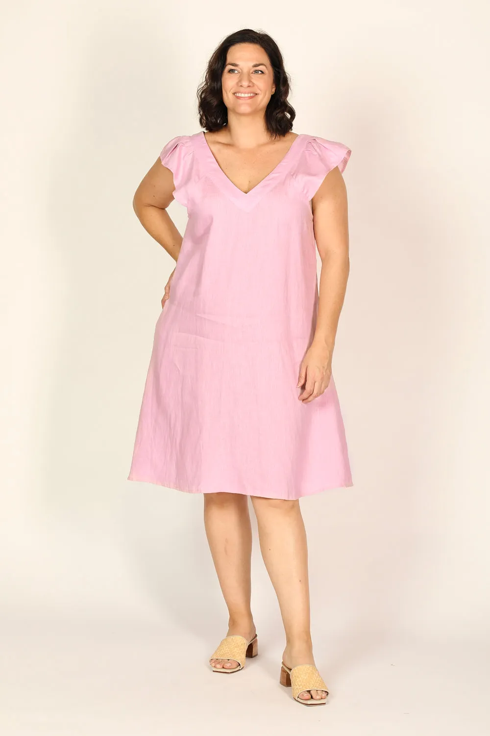 Rivka Frill Sleeve Linen Short Dress in Peony sold by Adrift
