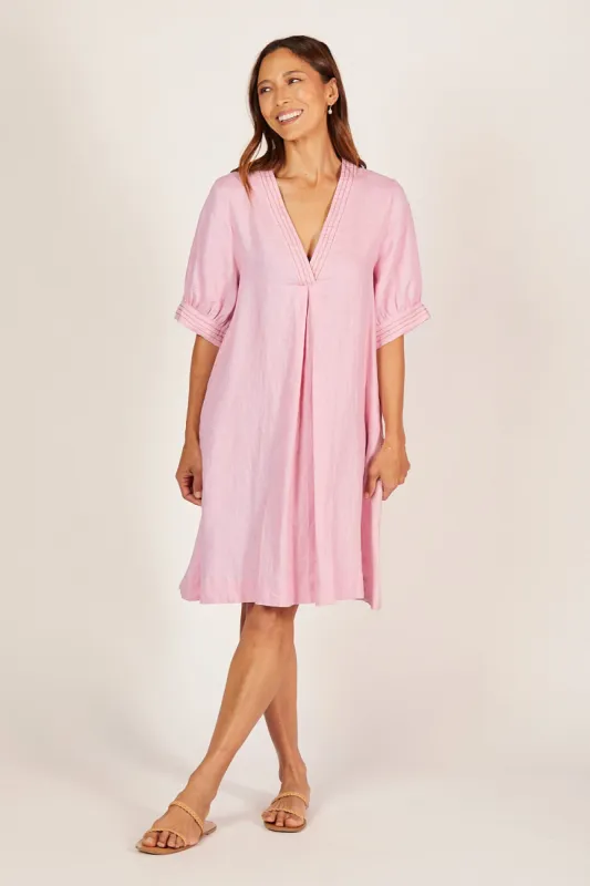 Kora A-Line Puff Sleeve Linen Dress in Peony sold by Adrift