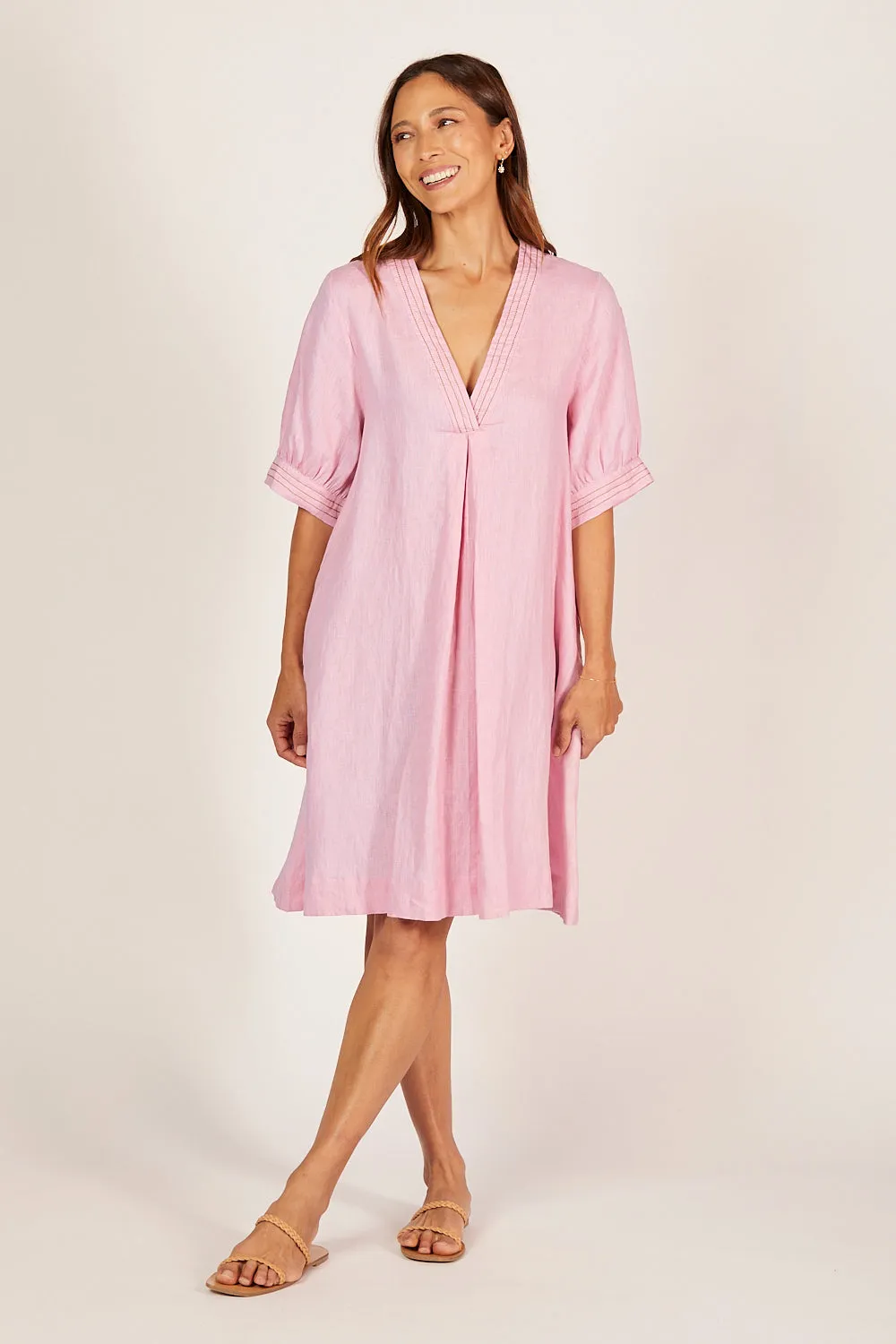 Kora A-Line Puff Sleeve Linen Dress in Peony sold by Adrift