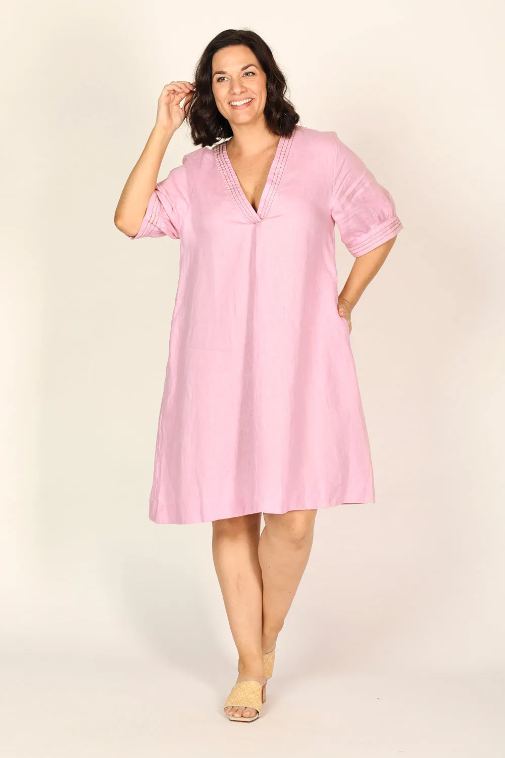 Kora A-Line Puff Sleeve Linen Dress in Peony sold by Adrift product image thumbnail 4