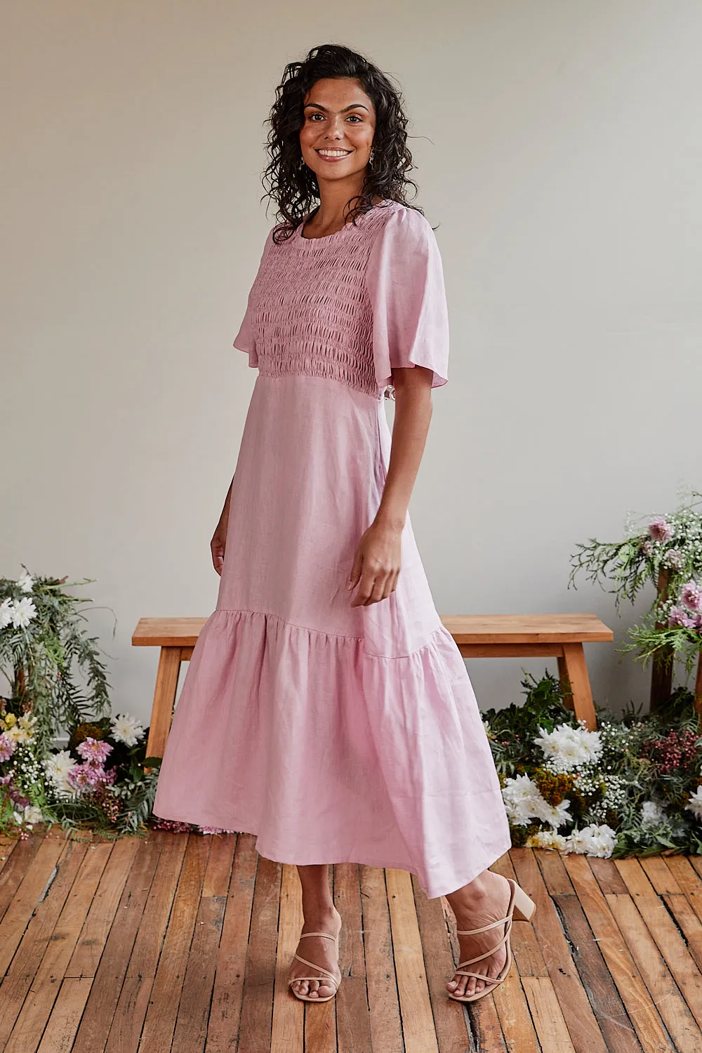 Minden Linen Shirred Dress in Peony sold by Adrift product image thumbnail 4