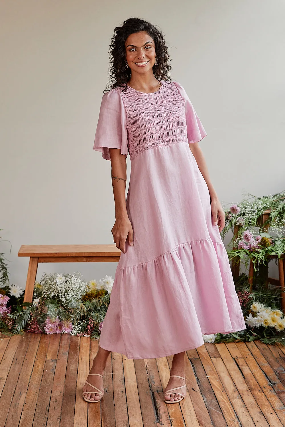 Minden Linen Shirred Dress in Peony sold by Adrift
