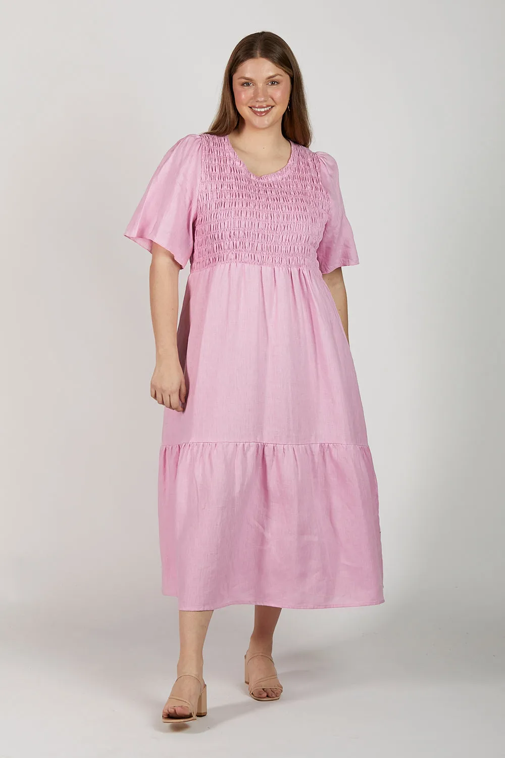 Minden Linen Shirred Dress in Peony sold by Adrift product image thumbnail 5