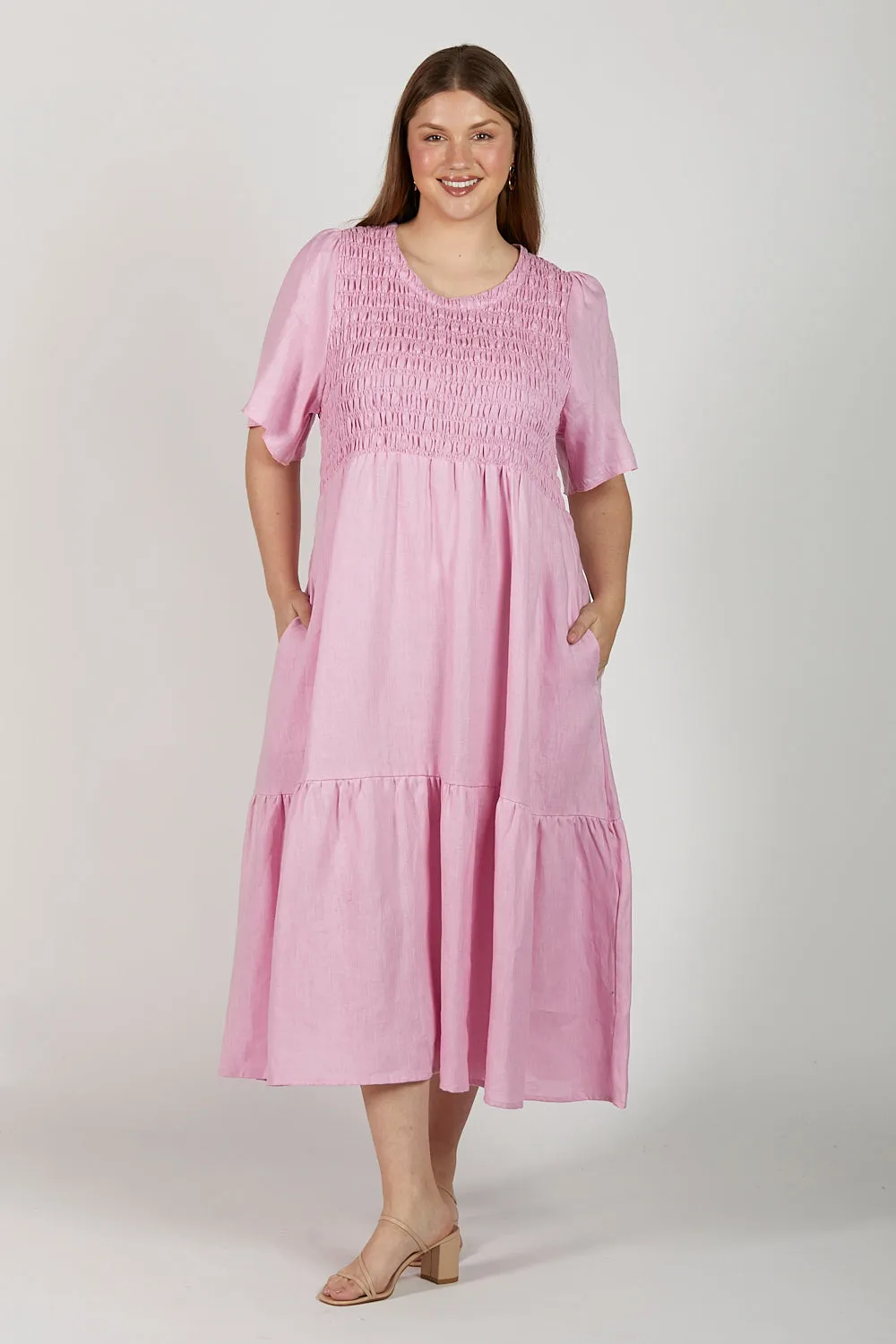 Minden Linen Shirred Dress in Peony sold by Adrift product image thumbnail 2