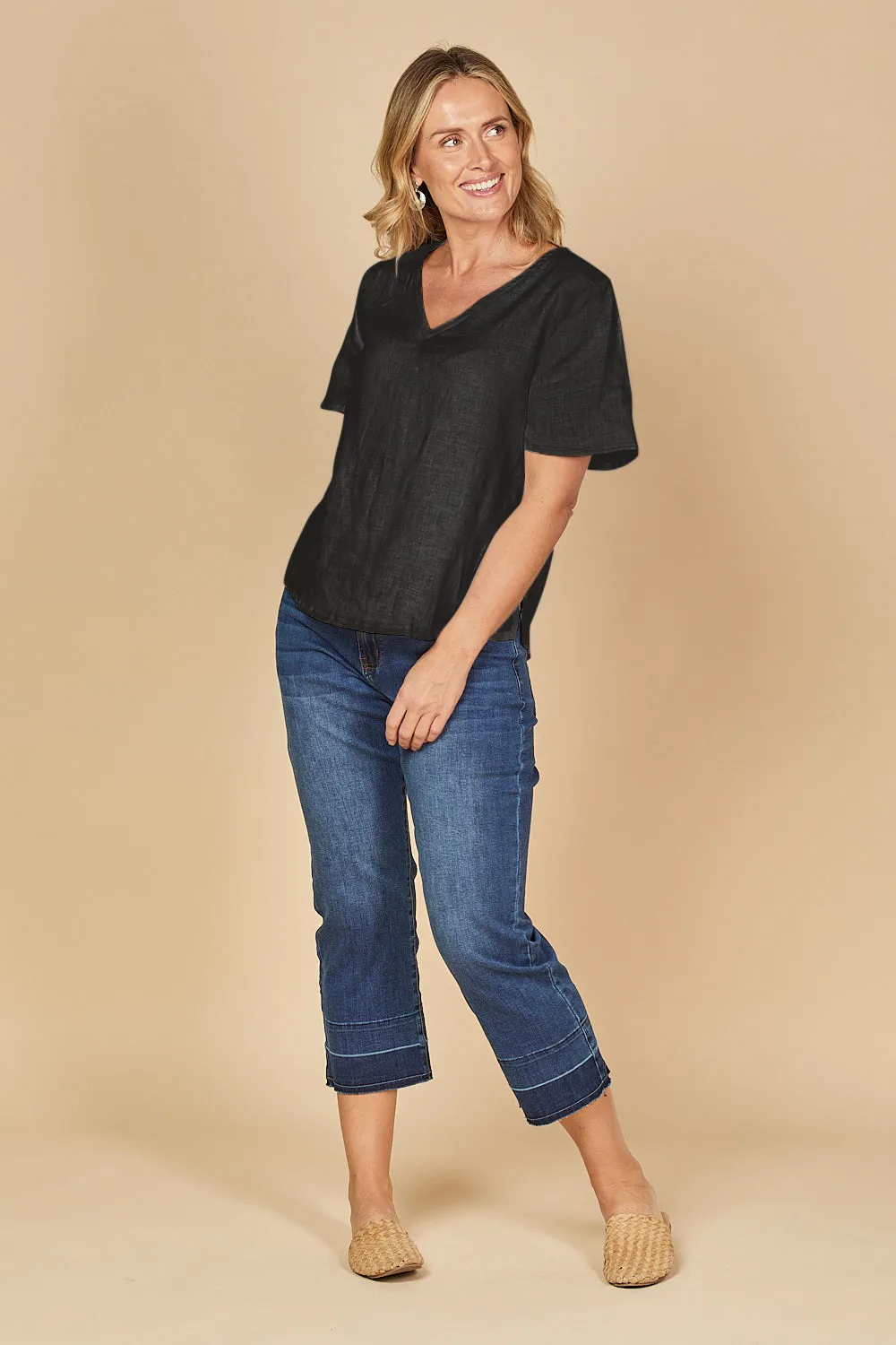 Tamara Flutter Sleeve Linen Top in Black sold by Adrift product image thumbnail 2