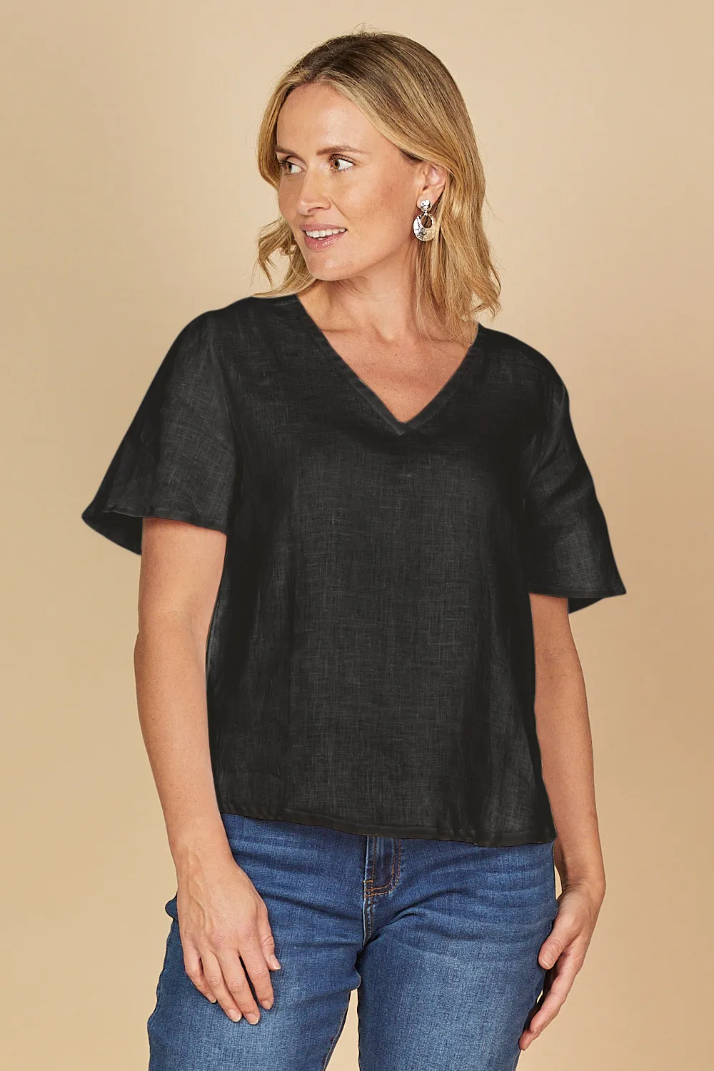 Tamara Flutter Sleeve Linen Top in Black sold by Adrift product image thumbnail 4
