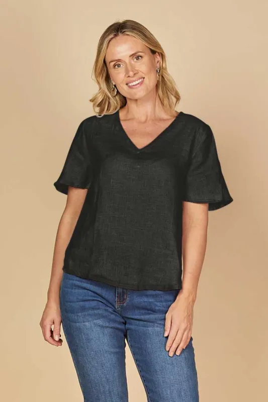 Tamara Flutter Sleeve Linen Top in Black sold by Adrift