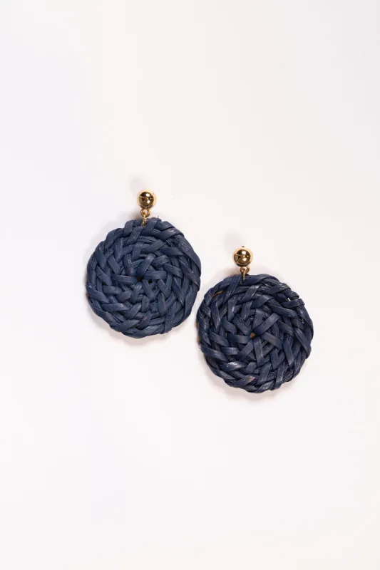 Round Raffia Earrings in Navy sold by Adrift