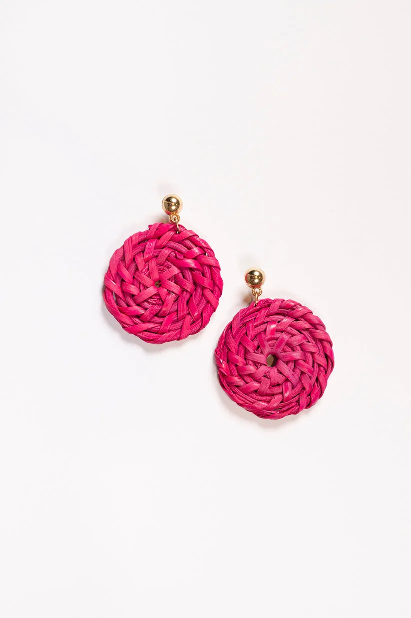 Round Raffia Earrings in Hot Pink sold by Adrift