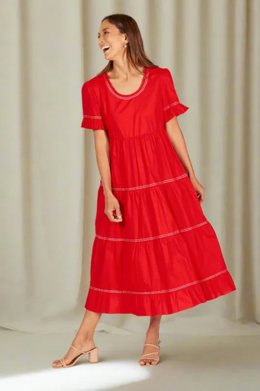 Sabre Poplin Frill Dress in Red sold by Adrift