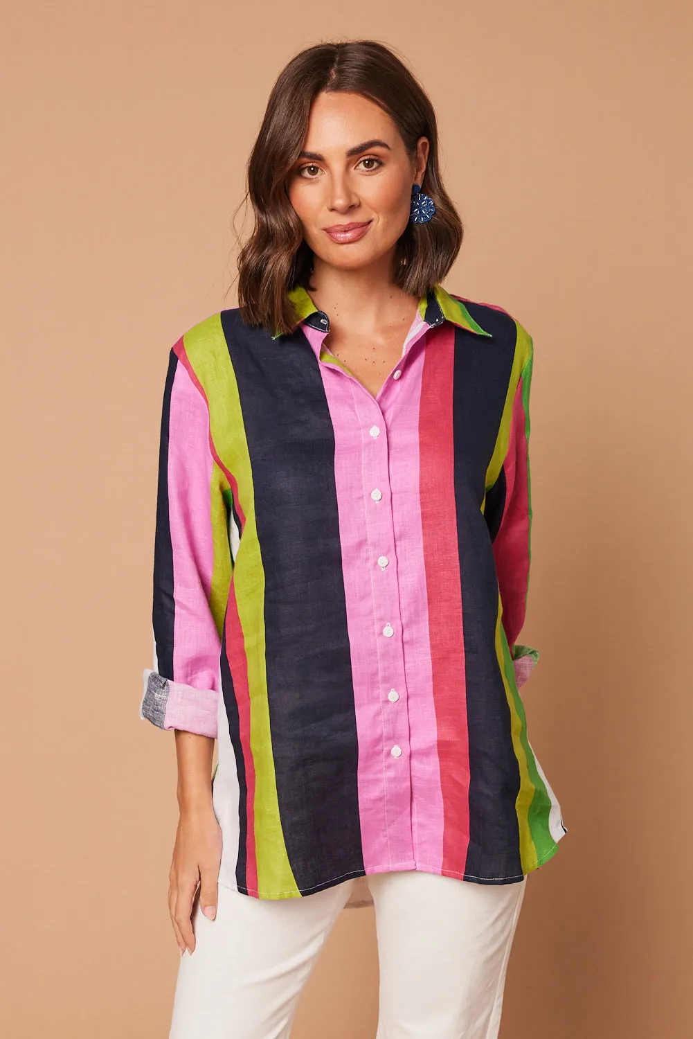 Oversized Linen Boyfriend Shirt in Treviso Stripe sold by Adrift product image thumbnail 2