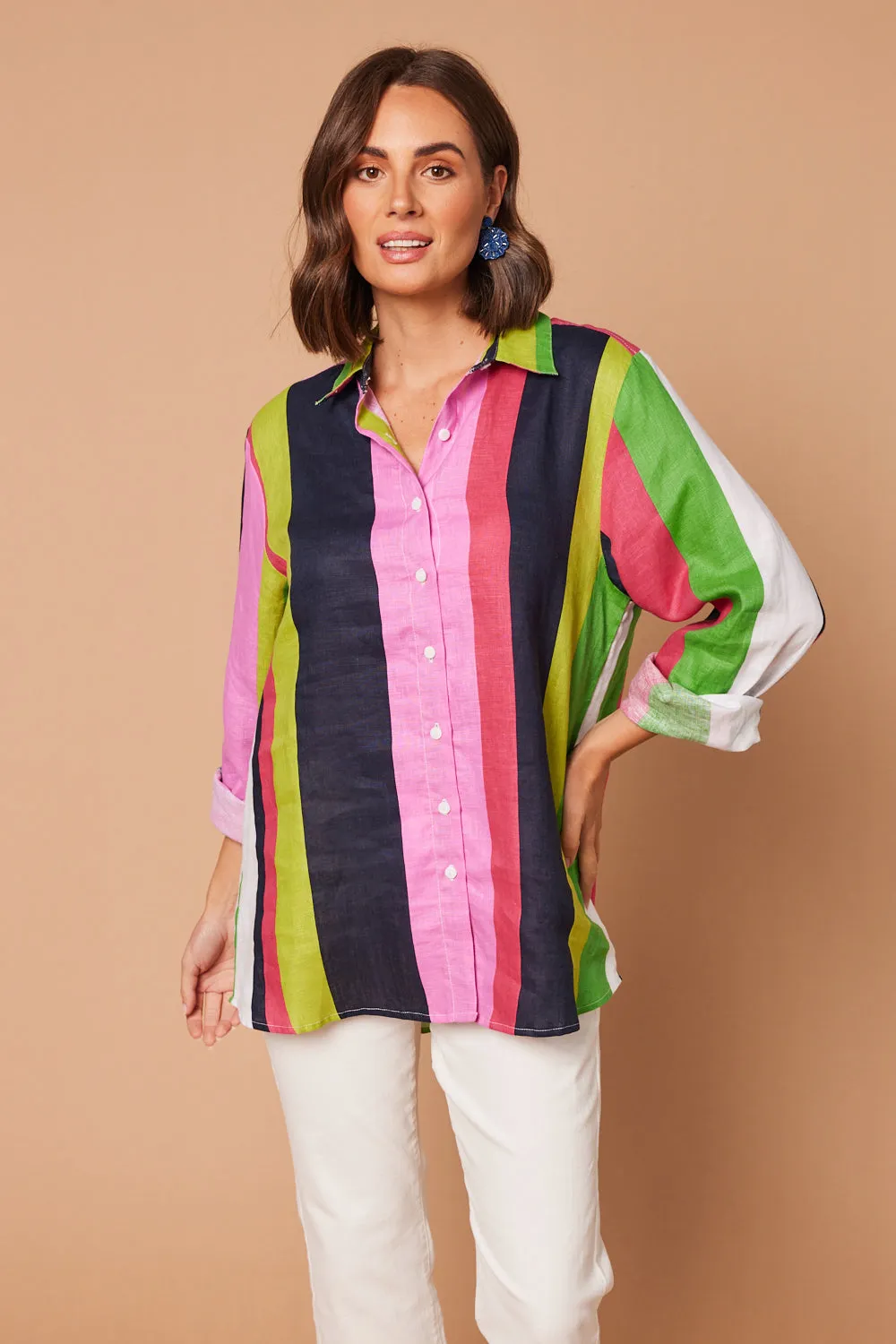 Oversized Linen Boyfriend Shirt in Treviso Stripe sold by Adrift product image thumbnail 5