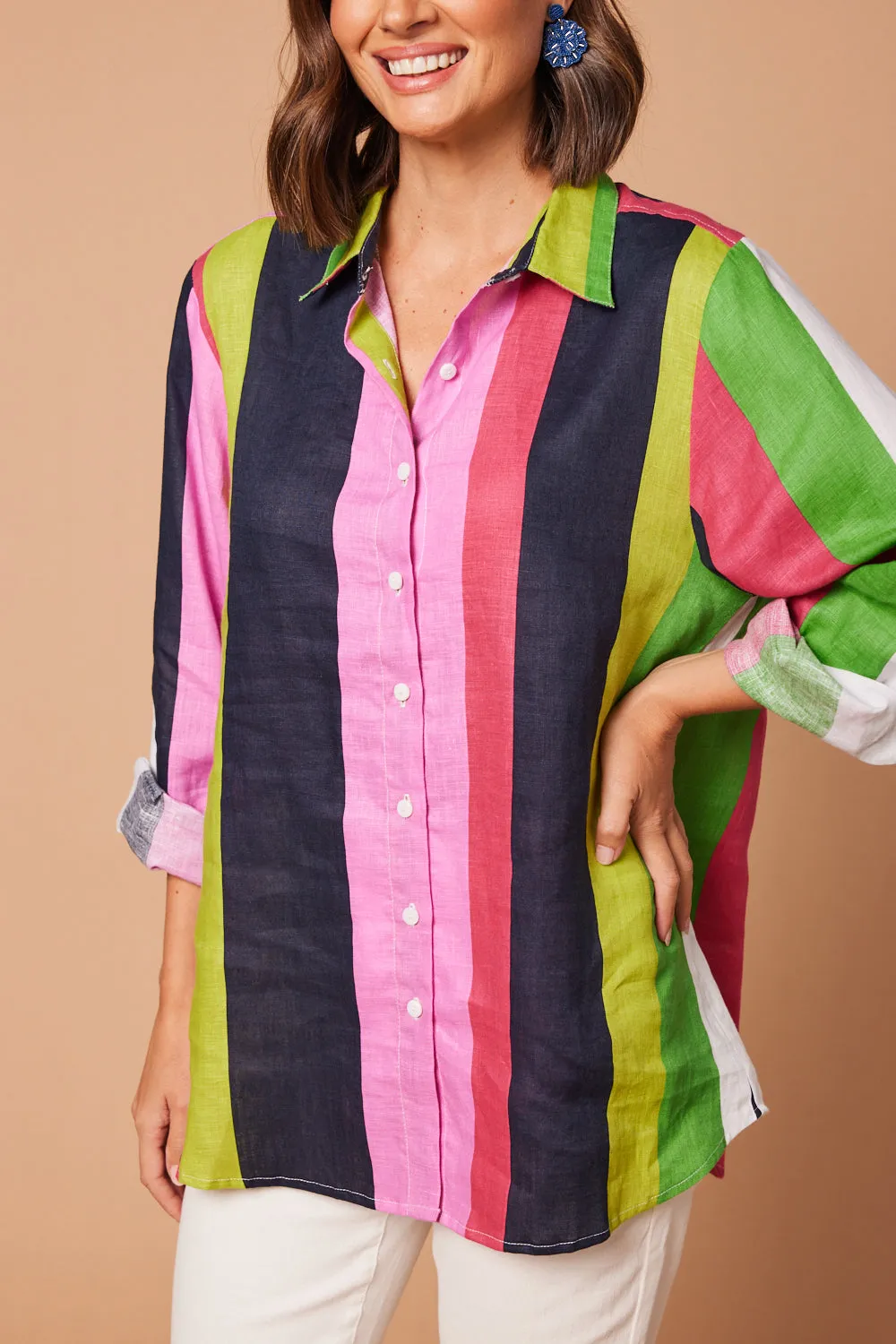 Oversized Linen Boyfriend Shirt in Treviso Stripe sold by Adrift product image thumbnail 4
