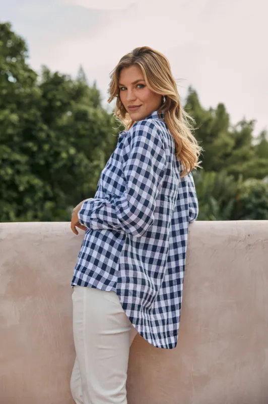 Oversized Linen Boyfriend Shirt in Treviso Navy sold by Adrift