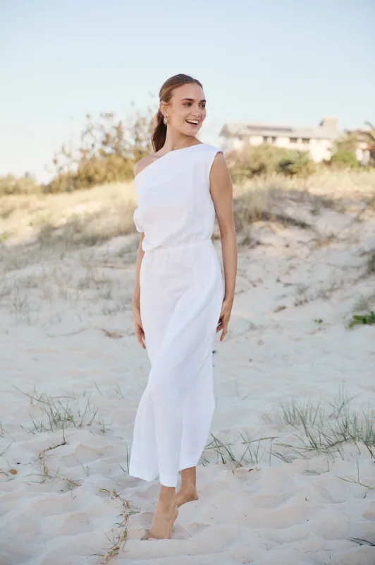 Alice Linen Drop Shoulder Dress in White sold by Adrift