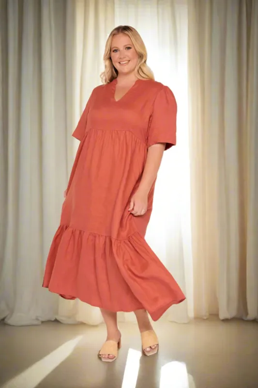 Sabre Linen V-Neck Dress in Desert Rose sold by Adrift