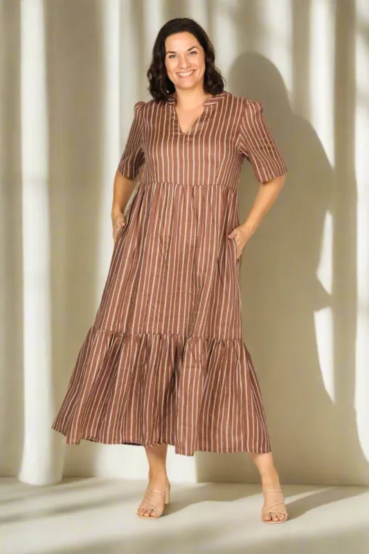 Sabre Linen V-Neck Dress in Nutmeg sold by Adrift