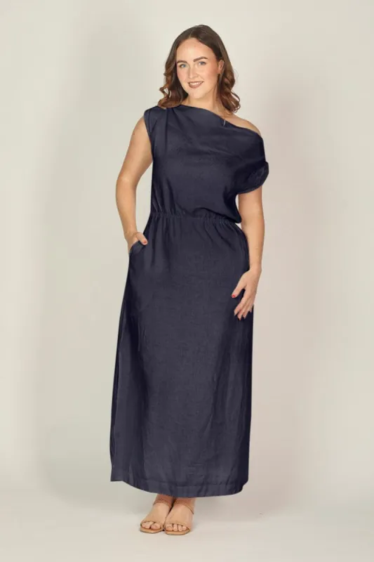 Alice Linen Drop Shoulder Dress in Navy made by Adrift