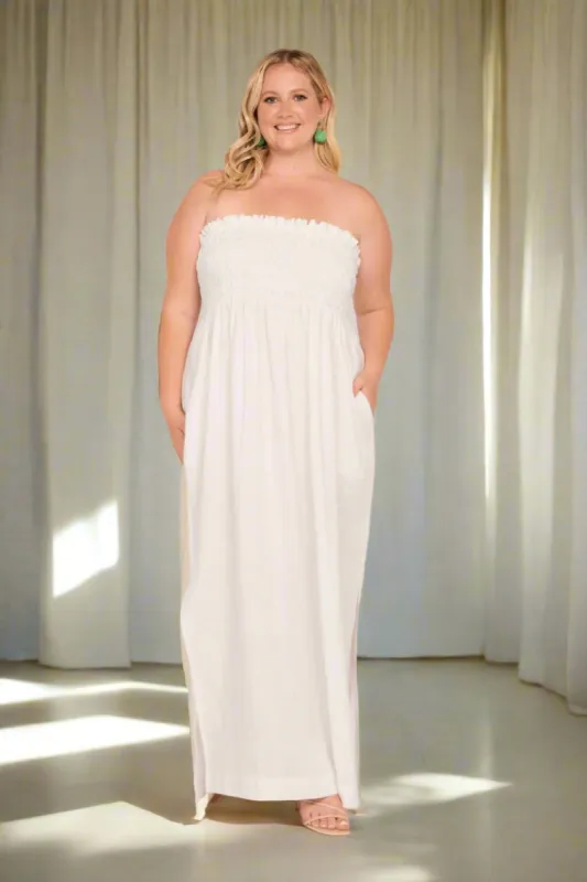 Sherry Linen Strapless Maxi Dress in White sold by Adrift