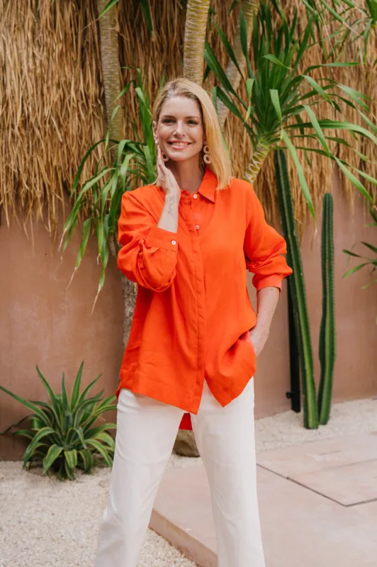 Oversized Linen Boyfriend Shirt in Tangerine sold by Adrift