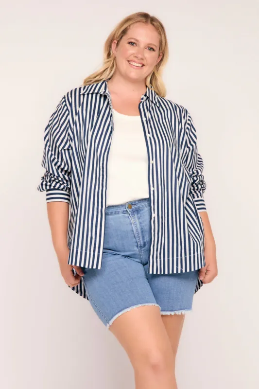 Oversized Boyfriend Shirt in Striped Navy sold by Adrift