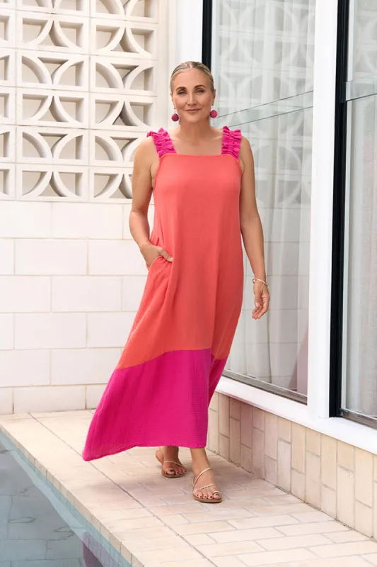 Claire Crinkle Cotton Maxi Dress in Sunset sold by Adrift