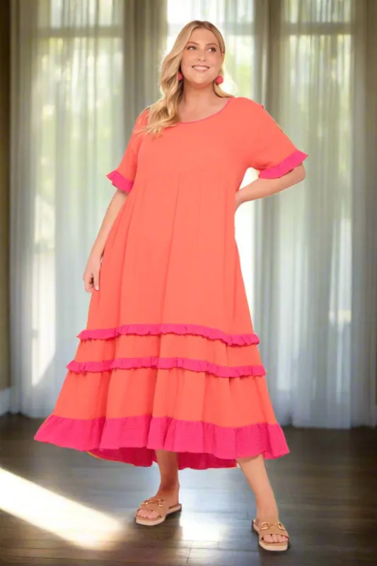 Sabre Crinkle Cotton Frill Dress in Sunset sold by Adrift