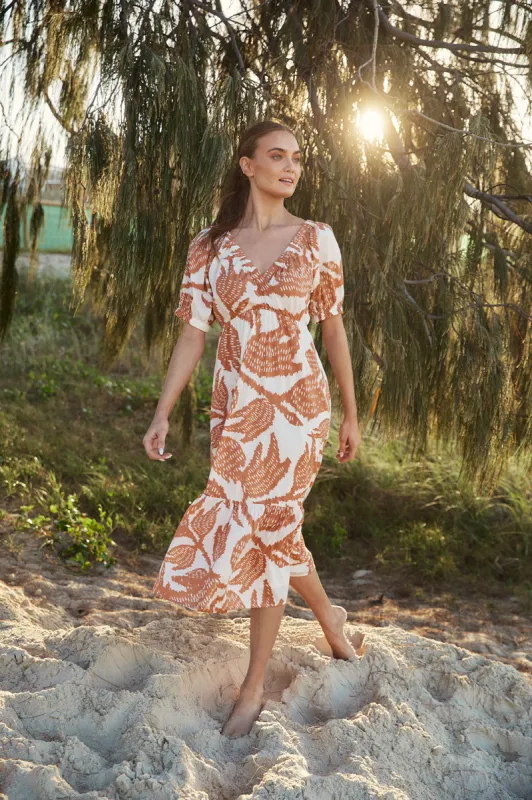Alison Midi Dress in Desert Palms sold by Adrift