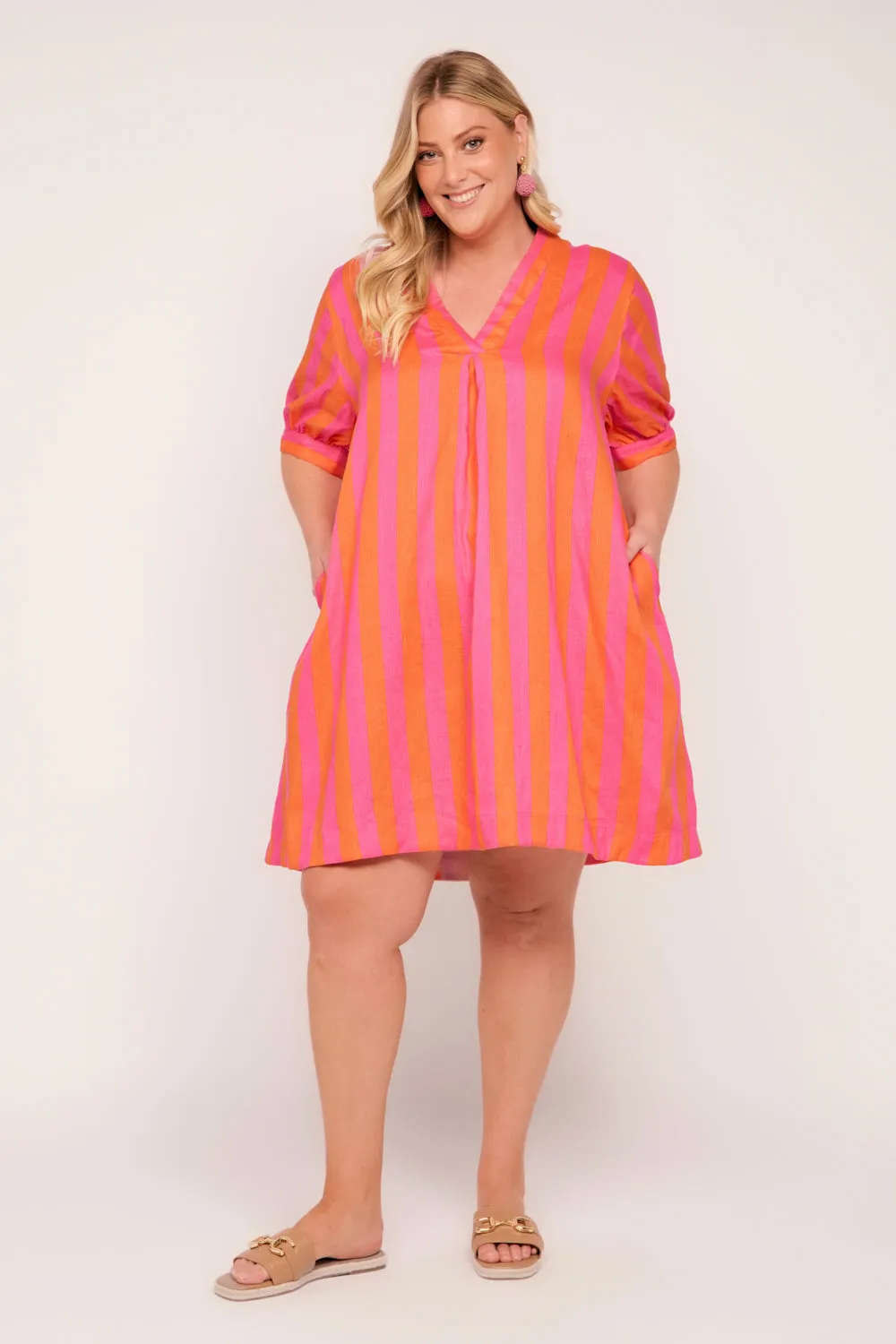 Kora A-Line Puff Sleeve Linen Dress in Afterglow sold by Adrift
