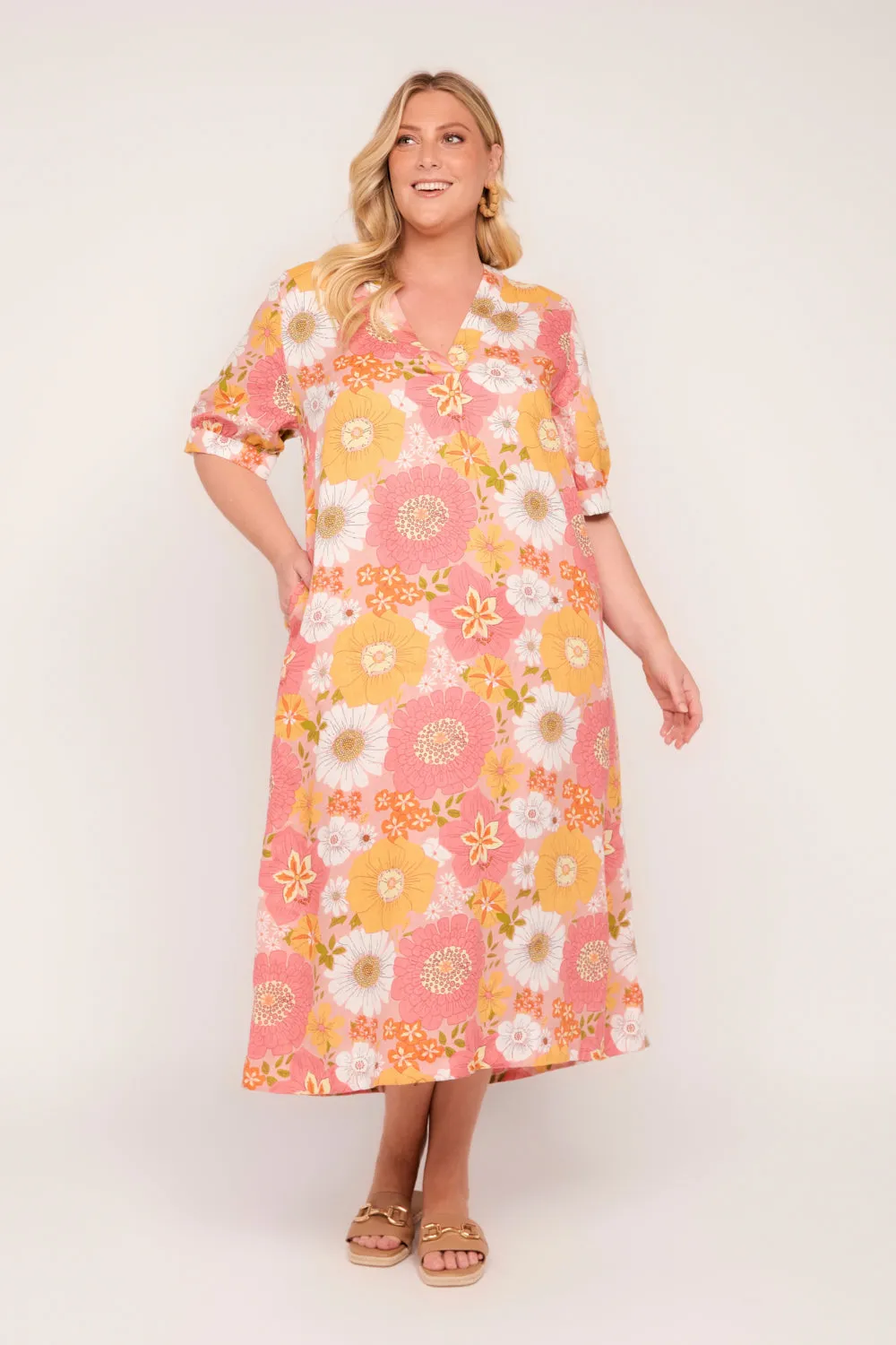 Kora A-Line Linen Midi Dress in Vienna sold by Adrift