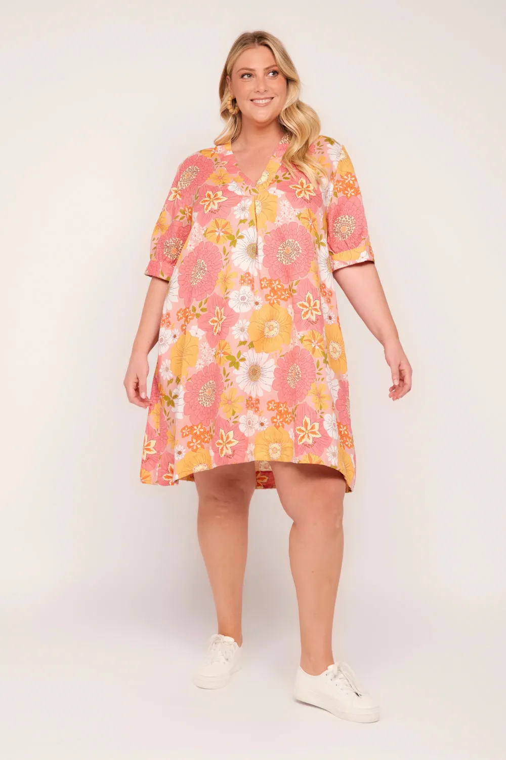 Kora A-Line Puff Sleeve Linen Dress in Vienna sold by Adrift