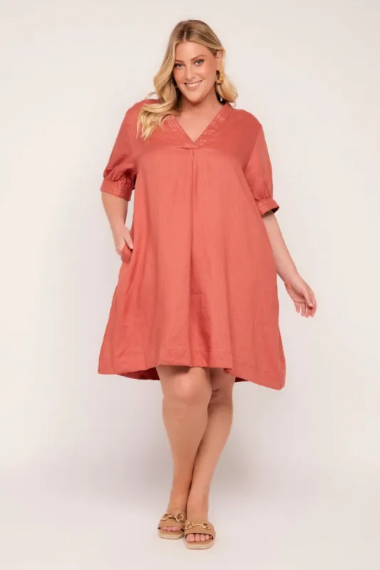Kora A-Line Puff Sleeve Linen Dress in Desert Rose sold by Adrift