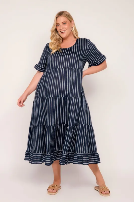 Sabre Linen Frill Dress in Boathouse sold by Adrift