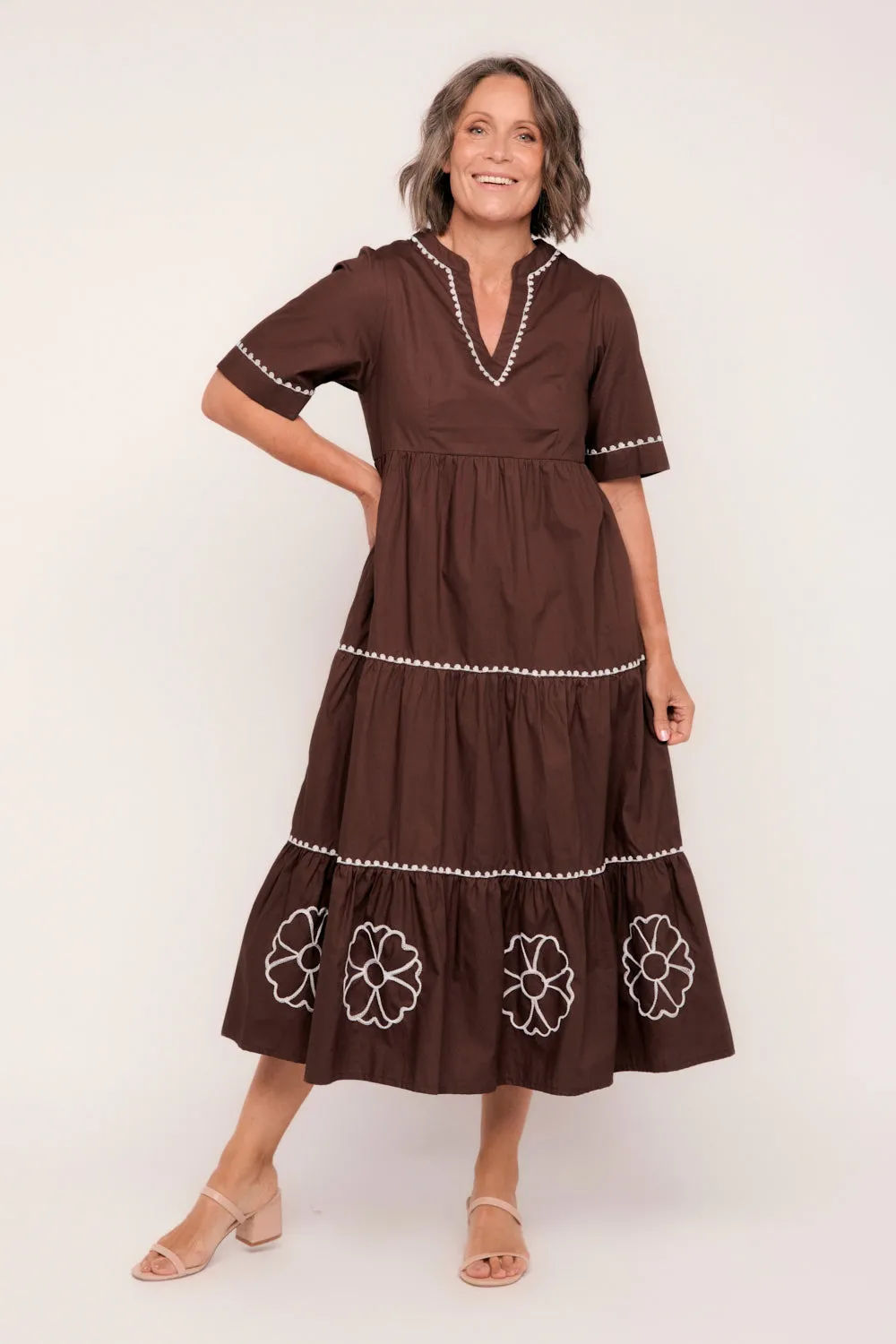 Sabre V-Neck Poplin Dress in Chocolate sold by Adrift