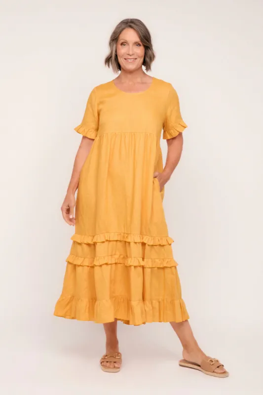 Sabre Linen Frill Dress in Golden Hour sold by Adrift