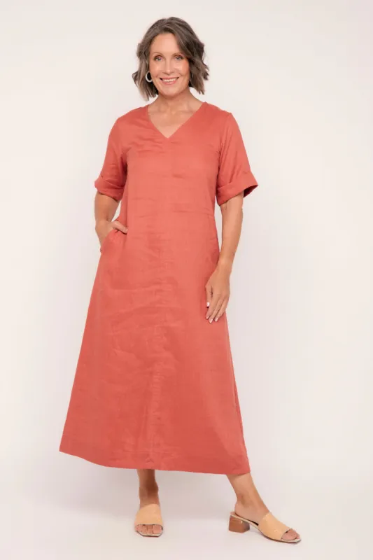 Tamara Linen V-Neck Dress in Desert Rose sold by Adrift