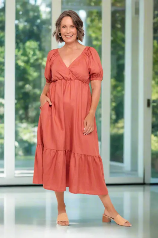 Alison Linen Midi Dress in Desert Rose sold by Adrift