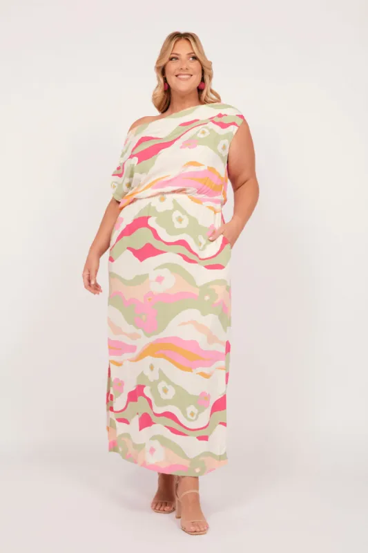 Alice Drop Shoulder Maxi Dress in Solene Olive sold by Adrift