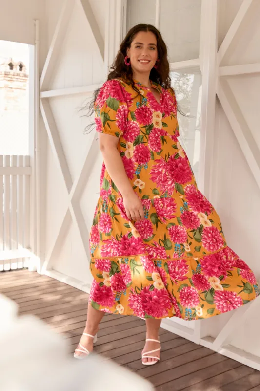Sabre V-Neck Dress in Dreaming Dahlias sold by Adrift