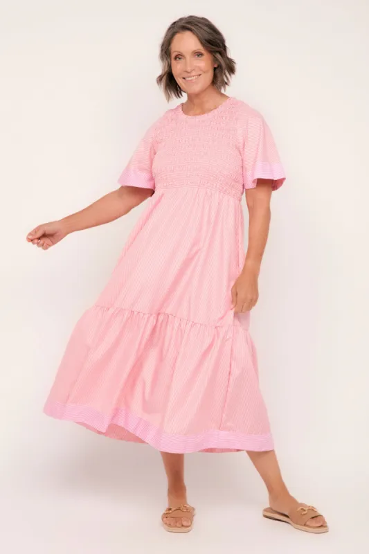 Minden Flutter Sleeve Dress in Sunrise Stripes sold by Adrift