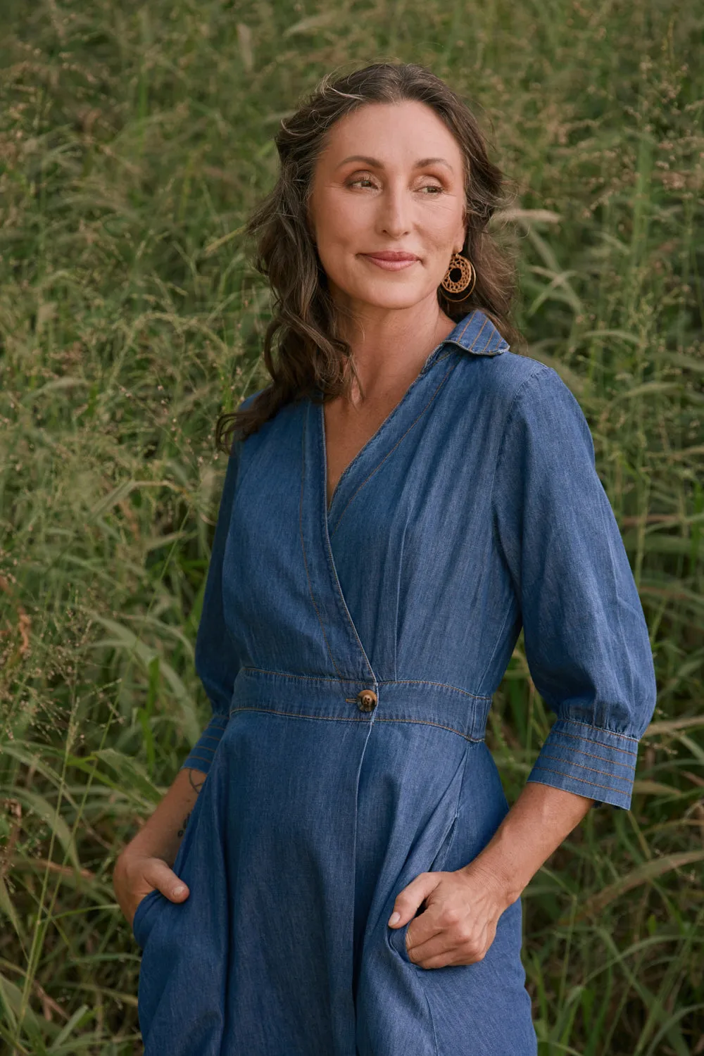 Wendy Chambray Short Sleeve Wrap Dress in Mid Wash sold by Adrift product image thumbnail 4