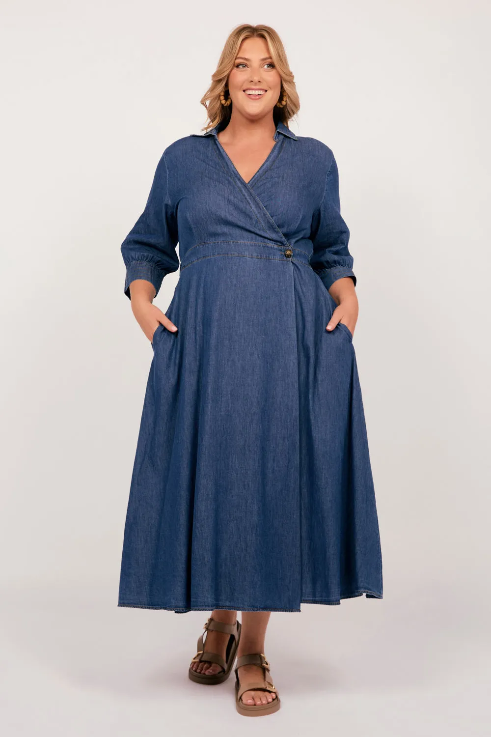 Wendy Chambray Short Sleeve Wrap Dress in Mid Wash sold by Adrift product image thumbnail 2