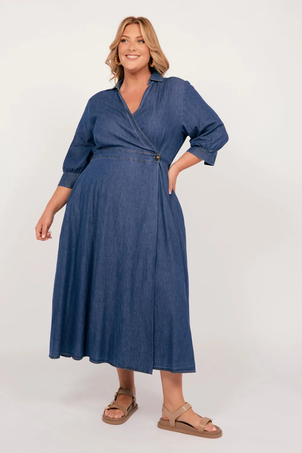 Wendy Chambray Short Sleeve Wrap Dress in Mid Wash sold by Adrift product image thumbnail 5