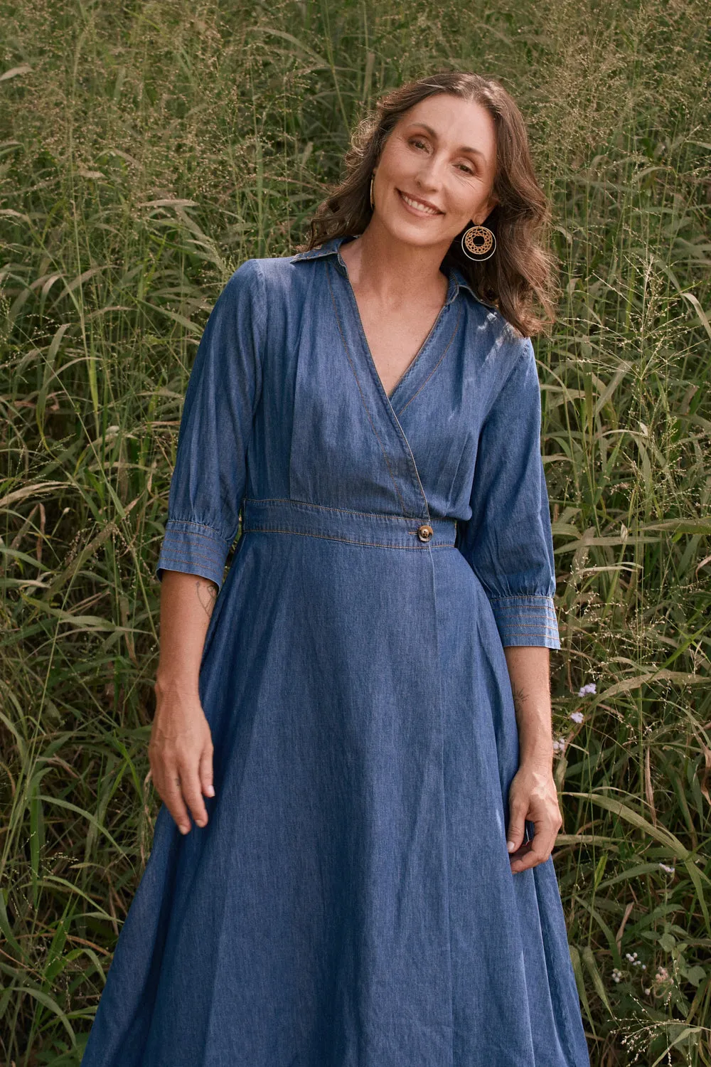Wendy Chambray Short Sleeve Wrap Dress in Mid Wash sold by Adrift