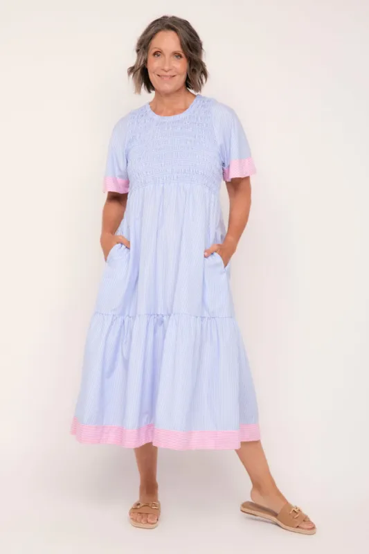 Minden Midi Flutter Sleeve Dress in Sunny Day Stripes sold by Adrift