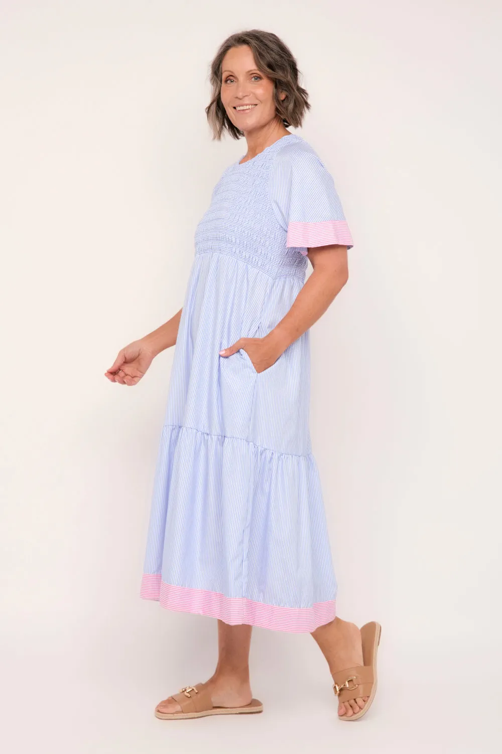 Minden Midi Flutter Sleeve Dress in Sunny Day Stripes sold by Adrift product image thumbnail 4
