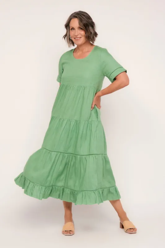 Sabre Linen Lace Trimmed Dress in Jadesheen sold by Adrift